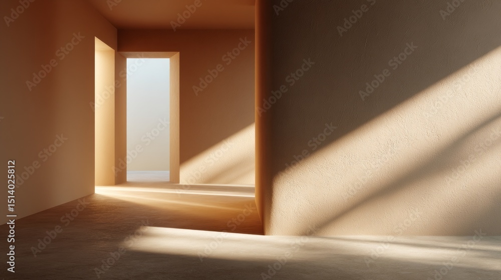Poster Soft sunlight spills into a minimalist interior, creating warm shadows that emphasize the architectural simplicity. The clean lines and open space evoke calm and serenity in the setting