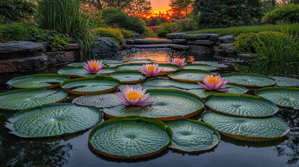 A tranquil Japanese garden pond with large green water lilies floating peacefully. Surrounded by lush greenery, the serene water scene evokes harmony, mindfulness, and traditional aesthetics.

