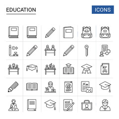 Line art Education Icons Set: A modern collection of line art icons representing various aspects of education, including books, pencils, students, graduation caps, and more.