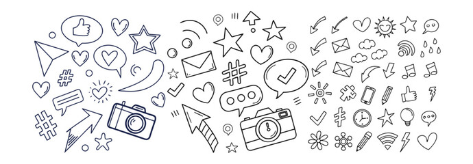 Line marker hand drawn brush arrow element set. Sketch pencil stroke vector graphic pen underline scribble icon. Hand drawn line heart, crown, star symbol highlight marker shape. Vector illustration