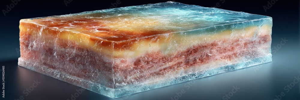 Poster frozen lasagna with icy texture displayed in a visually appealing 3d render showcasing layers and co