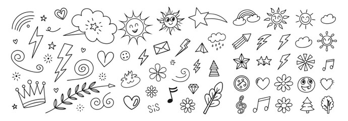 Line cute element set. Hand drawn scribble heart, arrow, flower and cloud elements on chalkboard background. Doodle sketch heart, star, cloud cartoon sticker shapes. Vector illustration