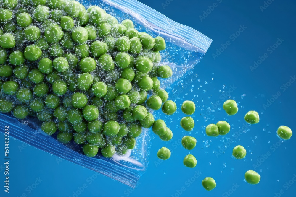 Poster Bright 3D Illustration Showcasing Frozen Peas Spilling From a Resealable Bag With a Blurred Background Creating a Refreshing Atmosphere
