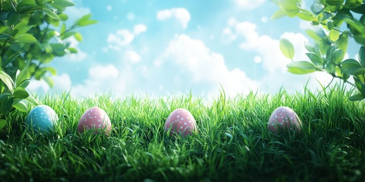 Colorful Easter eggs hidden in lush green grass under a bright blue sky