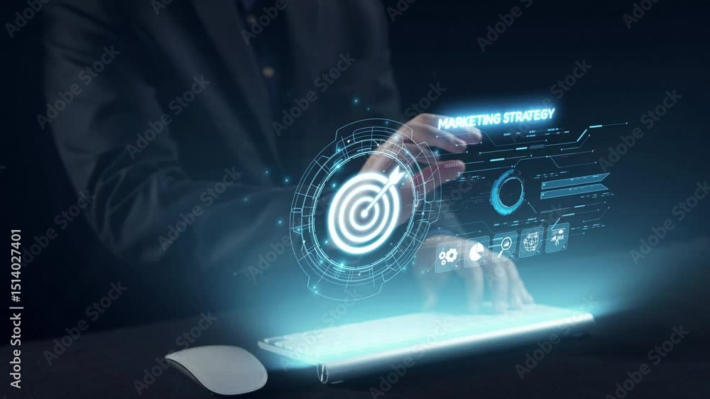 Poster a modern workspace featuring a person hands on a keyboard with a glowing interface, showcasing data 