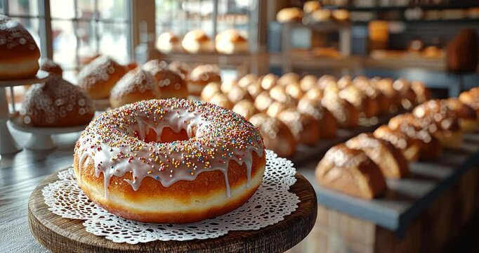 Close up of a donut on a wood slice with a white background. The donut is the focal point with the bakery and rows of bread in the blurred background