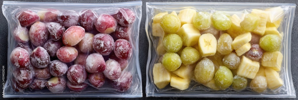 Poster frozen grapes and banana chunks stored in zip bags ready for smoothies or snacks