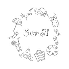  Frame, banner, hand lettering. Summer beach set. Cartoon attributes of seaside holidays, vacations, travel, linear icons. Illustration, isolated background. Place for text.