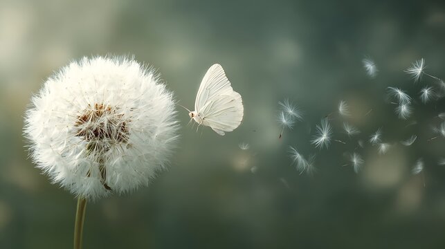Fototapeta A white butterfly near a dandelion with seeds floating away in a soft blurred background