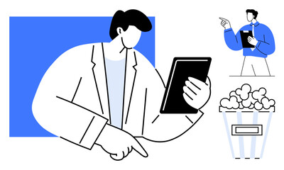 Man using tablet for work or data review, manager with clipboard giving instructions, popcorn nearby suggesting leisure. Ideal for productivity, leadership, analytics, multitasking, teamwork