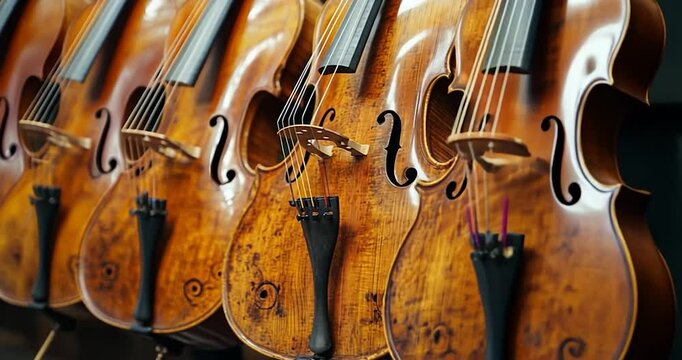 Acoustic stringed instruments in close up. Showing details of multiple violins in a row, warm tones and wooden background. Close up view of stringed musical instruments