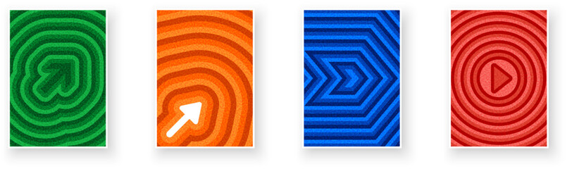 Set of colorful arrows and play symbol on ripple backgrounds. Vector illustration for modern digital and UI projects.