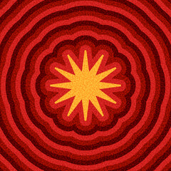 Bright yellow starburst with layered red concentric rings. Vector illustration with bold, vibrant energy.