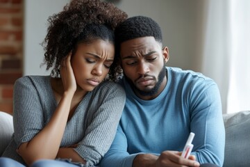 Upset young black husband comforting his depressed wife with negative pregnancy test, sitting on sofa at home. Spouses suffering from infertility