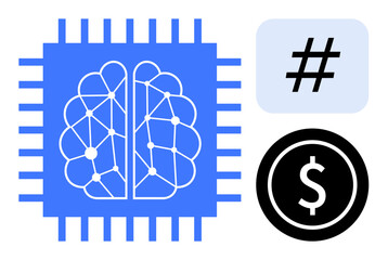 Brain circuitry within a microchip, metadata tag, and dollar symbol. Ideal for AI development, machine learning, finance, technology innovation, automation, economic growth and a simple landing page