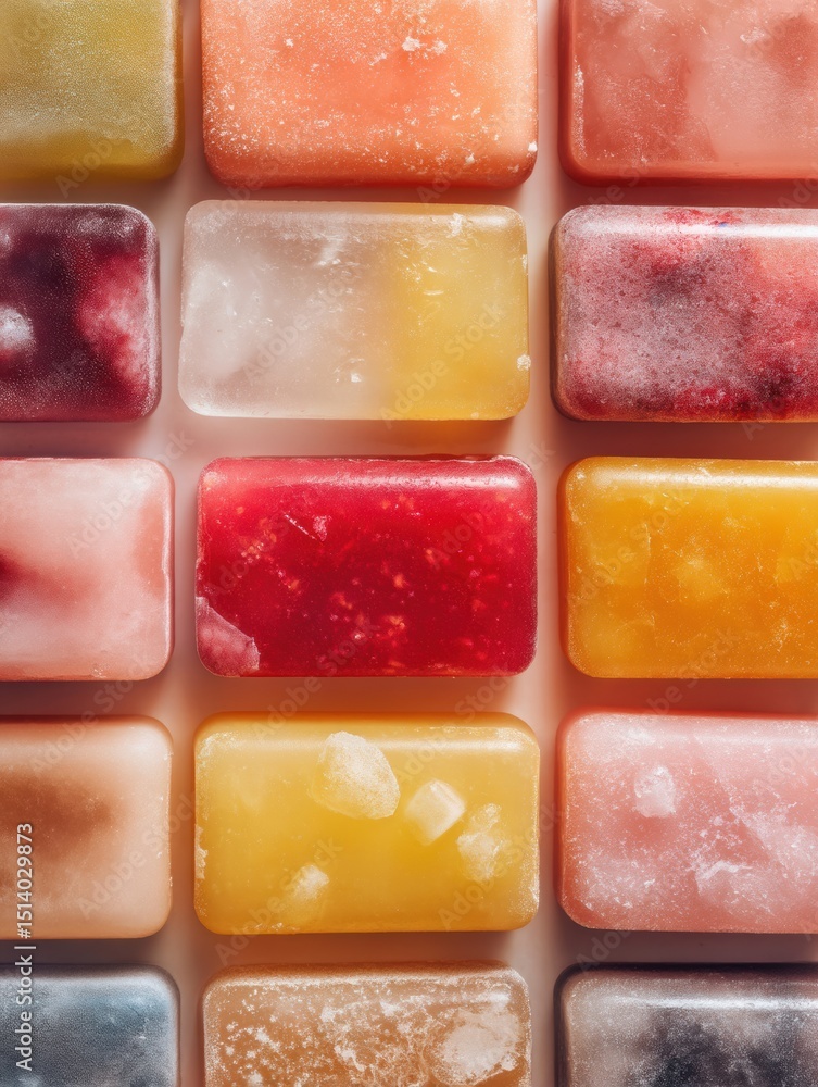 Poster Frozen Snack Assortment Arranged in Geometric Pattern With Vibrant Colors on a Minimal Backdrop
