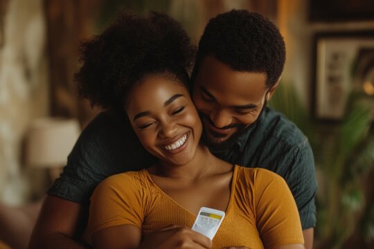 Overjoyed African American woman embracing husband, holding positive pregnancy test, sharing moment of happiness