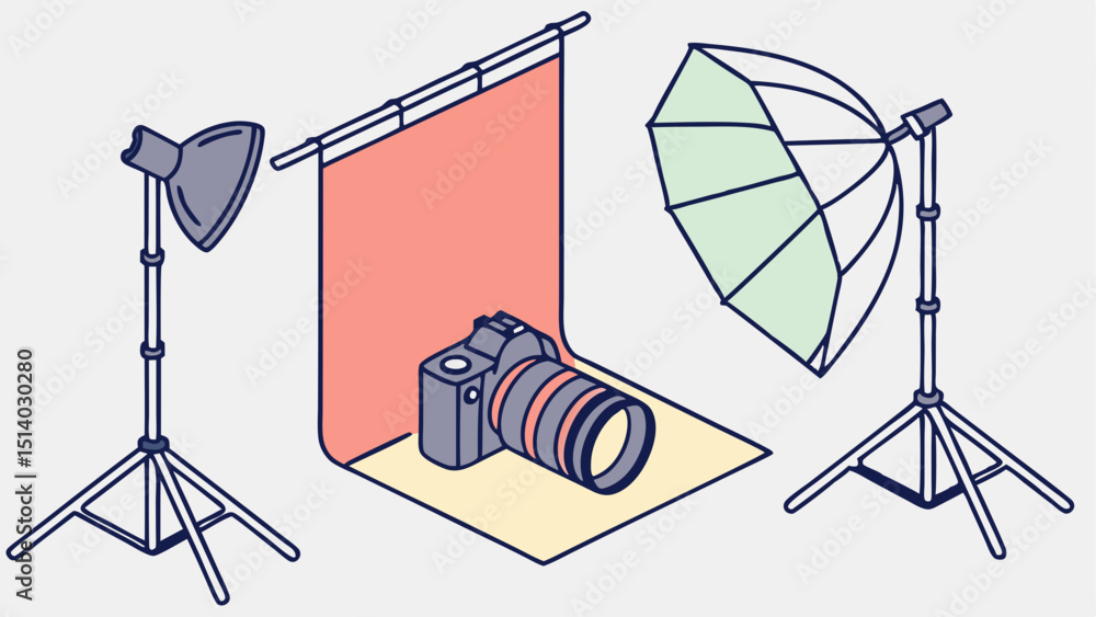 Poster illustration of a camera setup with backdrop lights and tripod stands in a studio scene