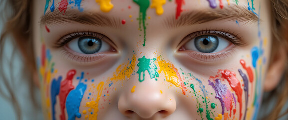 wide horizontal background closeup face photo of a kid with smooth skin texture looking at the camera with face paint 