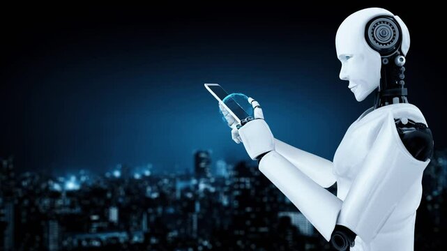 Futuristic robot artificial intelligence huminoid AI programming coding technology development and machine learning concept. Robotic bionic science research for future of human life. 3D rendering.