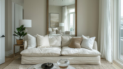 Narrow full-length mirror on a door in a modern living room, fully visible with no obstructions. Captured from the front in daylight, with clear reflection and rich details in a quiet setting...