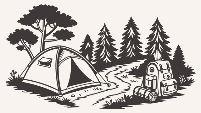 Illustration of a camping scene with a tent backpack trees and a winding path design element