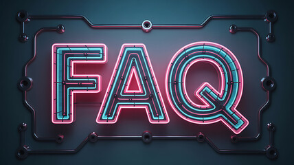 Neon faq sign with pink and blue lights on a dark gray metallic background