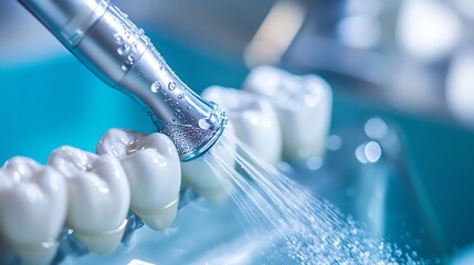 Close up of a dental cleaning tool in action with water spray visible showcasing professional teeth cleaning in a modern clinic setting