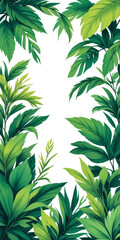 Vertical mobile banner tropical leaves background border with green plant branches leaves illustration in white background and copy space at the middle 