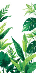 Vertical mobile banner tropical leaves background border with green plant branches leaves illustration in white background and copy space at the middle 
