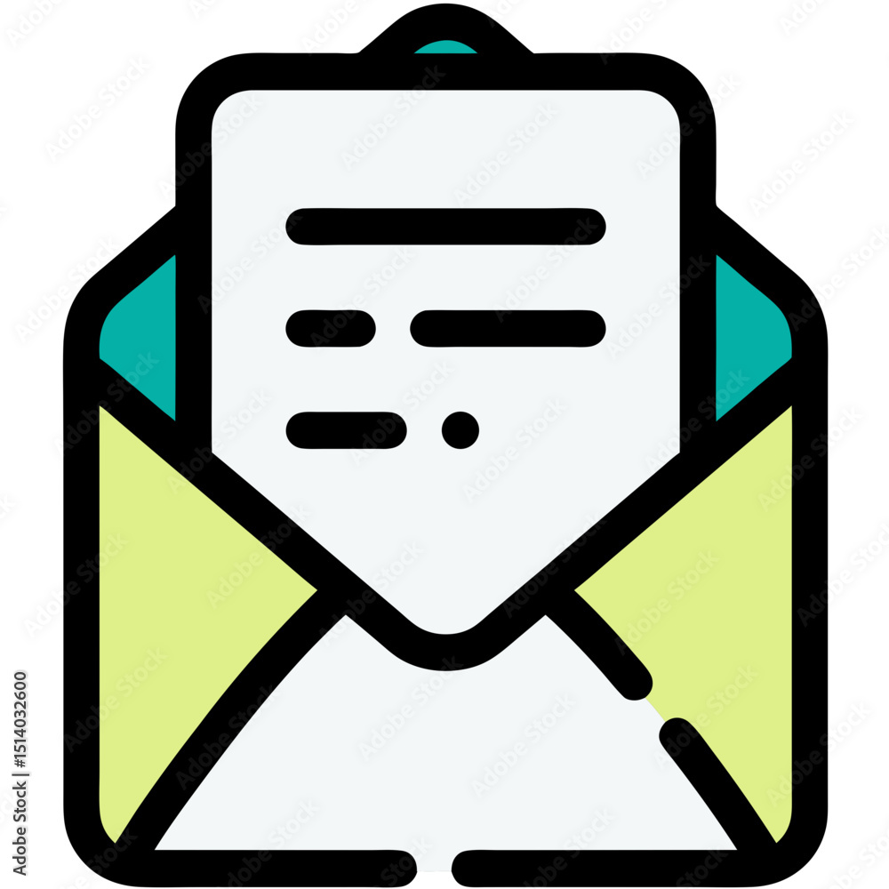 Poster icon of an open envelope containing a document with simple text and a black background
