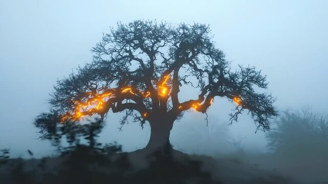 Pixelated Tree Glowing Orange In Misty Landscape