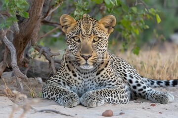 Fototapeta premium Leopard resting under a tree in the savanna during twilight hours