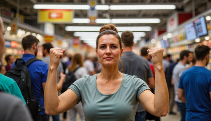 Frustrated woman raising fists in crowded marketplace, expressiveness