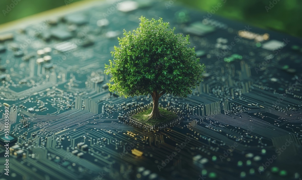 Aufkleber tree growing on the converging point of computer circuit board. green computing, green technology, g