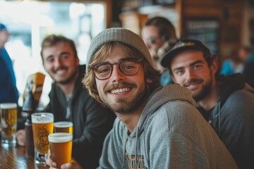 Happy friends group drinking beer at brewery bar restaurant - Friendship concept with young people enjoying time together and having genuine fun at cool vintage pub - Focus on guy - High iso