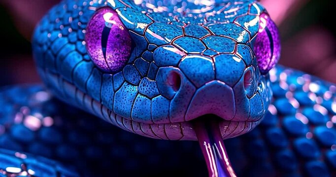 Close-up of a blue snake with purple eyes and extended tongue on a blurred background