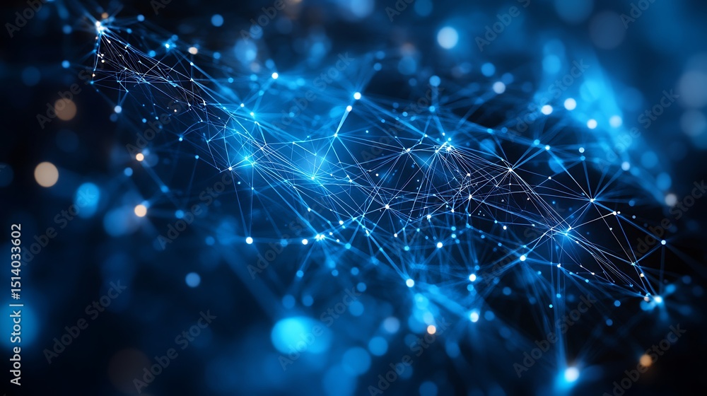 Poster abstract digital network with glowing blue nodes and connections on a dark background