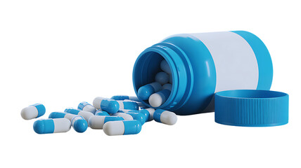 Blue and White Pill Bottle with Capsules Spilled Out on Transparent Background