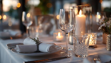Fototapeta premium Elegant fine dining table setup with white linen, crystal glassware, polished silverware, and a candle centerpiece, ambient warm lighting.
