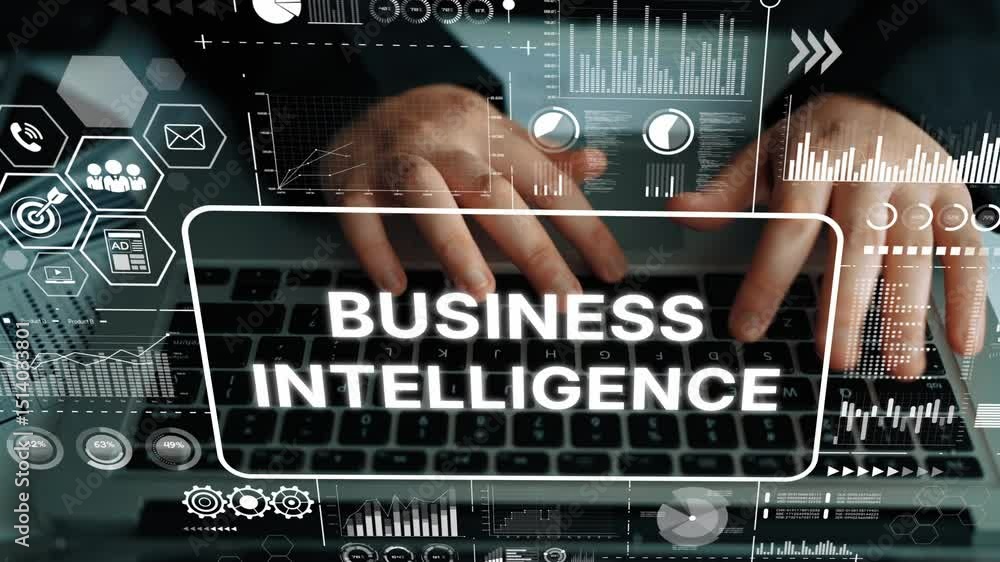 Poster hands on keyboard with data visualizations and business intelligence graphics in modern office envir