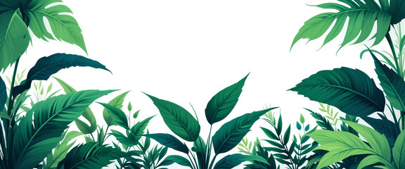 tropical leaves background with green plant branches leaves illustration in white background 