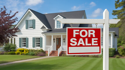 A house with a for sale sign in front of it on a sunny day in the suburbs