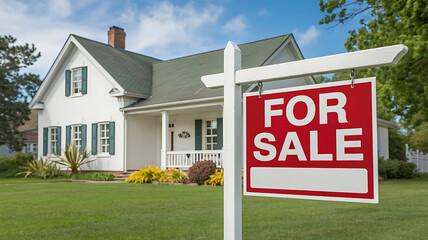 A house with a for sale sign in front of it on a sunny day with blue skies