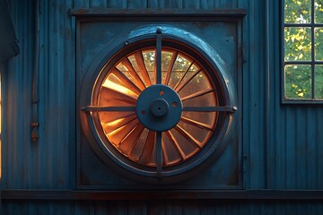 Dusty attic fan with rustic walls high resolution picture