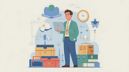 Man in suit holding laptop standing near stacked boxes and office supplies