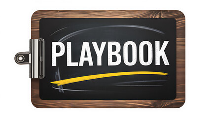 A playbook title on a clipboard with a yellow line and a wooden background