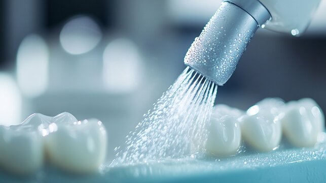 Close up of a dental cleaning tool in action with water spray visible showcasing professional teeth cleaning in a modern clinic setting