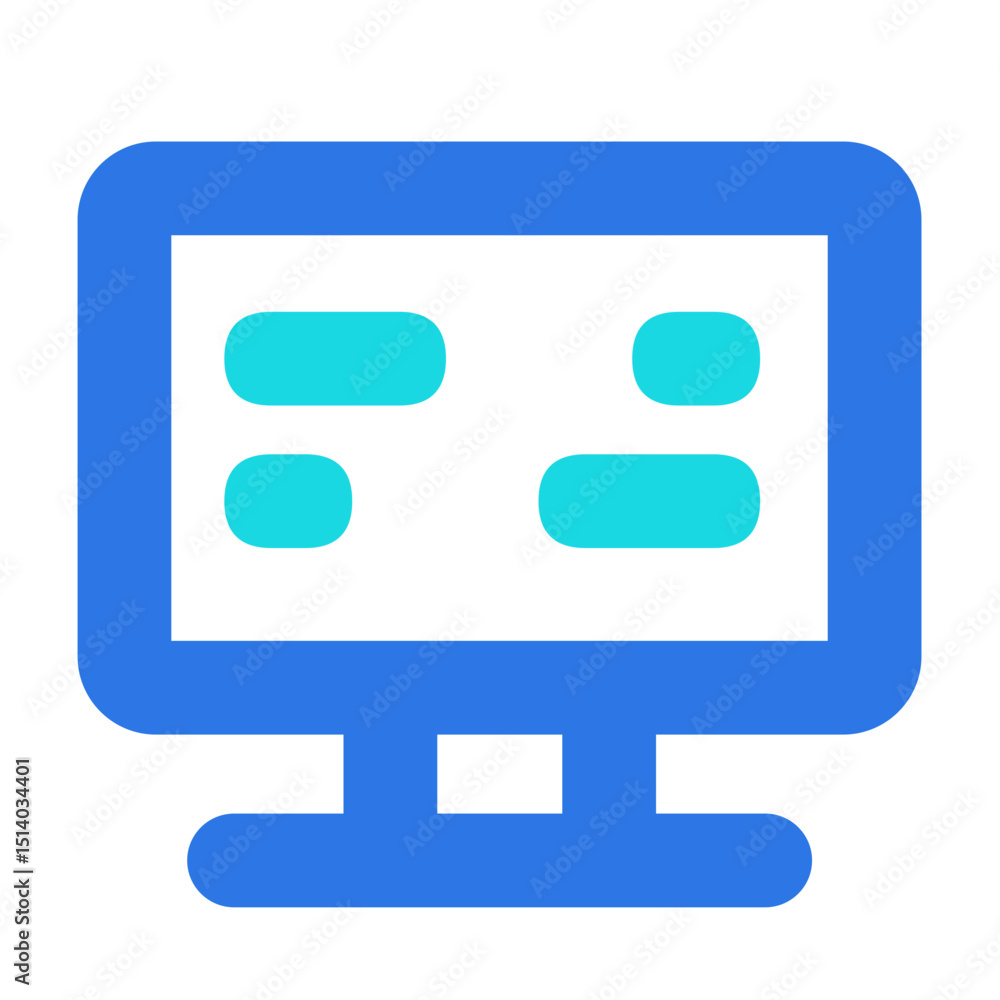 Poster blue outlined computer monitor displaying turquoise message bubbles on a white screen icon design