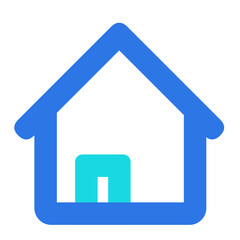Illustration of a simple house icon with a blue outline and a turquoise door in the center view